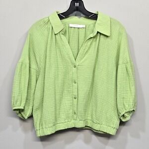 Lush Peasant Shirt Top XL Lime Green Gauze Cropped Cotton Poet Boho Cottagecore
